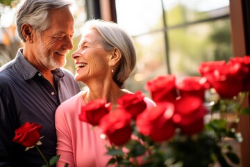 A senior couple are smiling at each other while holding red roses,enjoying romance in Valentines day. Love concept