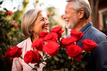 A senior couple are smiling at each other while holding red roses,enjoying romance in Valentines day. Love concept