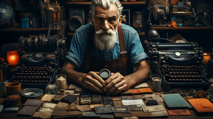 Hombre anticuario revisando libros y objetos antiguos  con barba blanca y overol