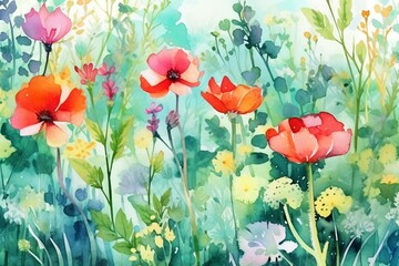 Spring summer floral background textile watercolor illustration. Generative AI