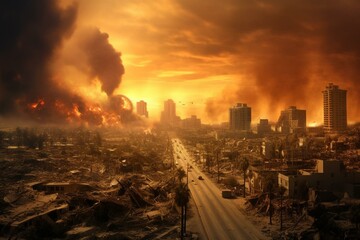 Chaotic apocalyptic heartbreak city with a Hollywood theme. Generative AI - obrazy, fototapety, plakaty