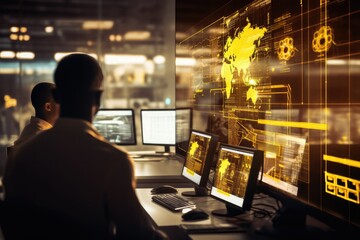 A professional engineer in a technology center monitors and manages security, data, and systems for a global network.