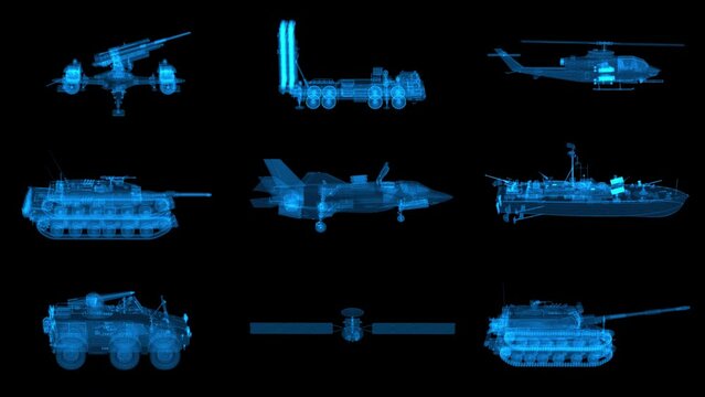 High Resolution set of detailed loop rotating 360 degrees military holograms. Models F-35, SA-25 S-350, APR puma 6x6 APR, tank type 90 kyu-maru, howitzer koalitsiya-SV 2S35. Slow motion 60 fps