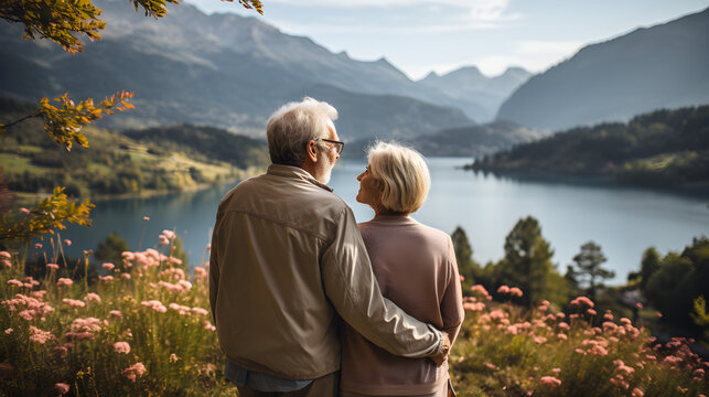 Senior couple travelers on mountain lake enjoy view during autumn fall vacations . Tourist hugging with landscape on background. Ai generative