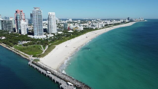 Aerial view of Miami beach coast capture by a drone in Miami Beach, FL, USA in a sunny day.