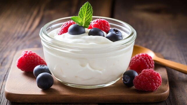 Homemade organic greek yogurt in bowl,Granola with yogurt and berries