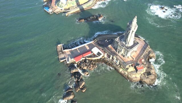 Thiruvalluvar Statue and Vivekananda Rock Memorial is a popular tourist monument in Kanyakumari, India. Aerial drone shot.