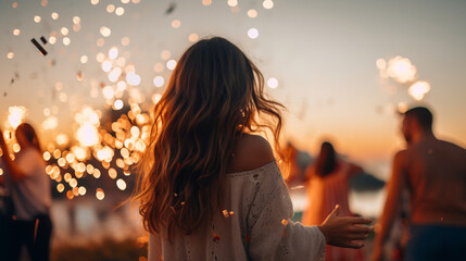 A beautiful sunset or sunrise backdrop for the celebration, happy birthday celebration, blurred background, with copy space, in the style of bokeh