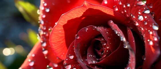 A close-up of dewdrops on the petals of a red rose, glistening in the morning sunlight