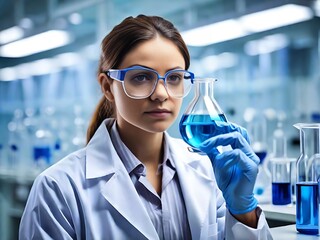 Scientist in laboratory analyzing blue substance in beaker, conducting medical research for pharmaceutical discovery, biotechnology development in healthcare, science and chemistry concept
