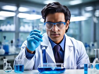 Scientist in laboratory analyzing blue substance in beaker, conducting medical research for pharmaceutical discovery, biotechnology development in healthcare, science and chemistry concept