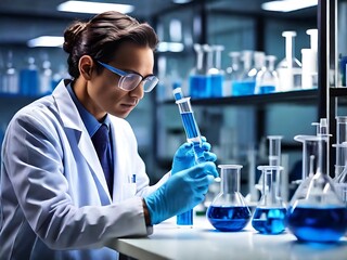 Scientist in laboratory analyzing blue substance in beaker, conducting medical research for pharmaceutical discovery, biotechnology development in healthcare, science and chemistry concept