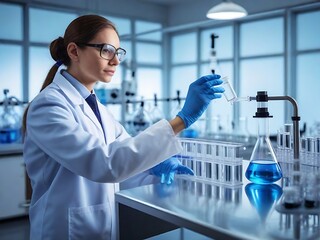 Scientist in laboratory analyzing blue substance in beaker, conducting medical research for pharmaceutical discovery, biotechnology development in healthcare, science and chemistry concept