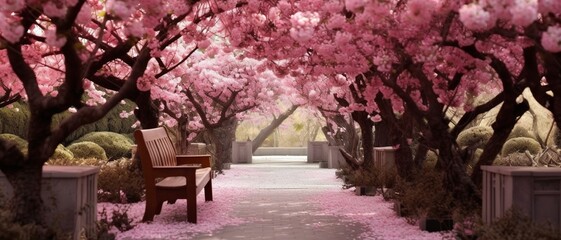 Fototapeta na wymiar A peaceful garden path surrounded by blooming cherry blossoms, creating a serene, pink canopy