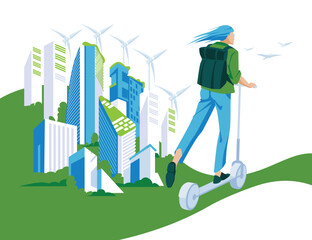 A woman on an electric scooter rides on a green road. Big city behind. The concept of ecological transport and environmental protection. Vector flat illustration