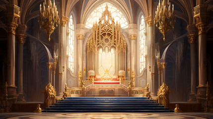 Fototapeta na wymiar A fantasy empty throne in hall cathedral background of castle gothic