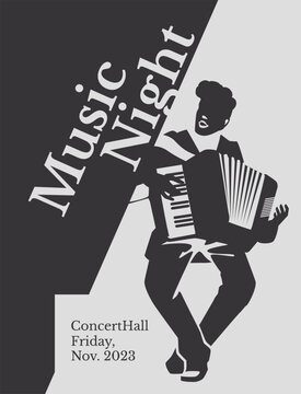 accordionist black and white poster. Postcard advertisement of a music event. Vector flat illustration
