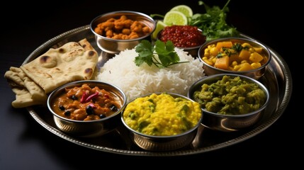 Indian traditional thali. Set with rice, chapati, dhal, palak paneer, curry in bowls on an iron platter on a black background, close-up.