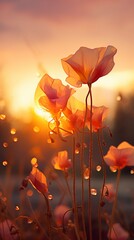 A photograph capturing the delicate dance of petals and leaves, illuminated by the warm glow of sunset, in a surreal harmony of colors and tranquility.
