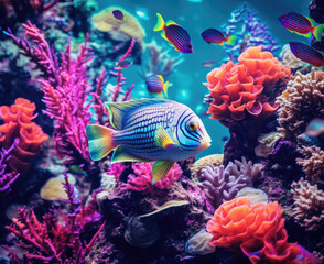 Fototapeta na wymiar Nestled in the heart of the ocean, a thriving coral reef bursts with an explosion of colors, creating a mesmerizing underwater tapestry