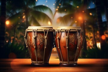 Traditional Bongo drums equipment background. African instrument. Generate Ai - obrazy, fototapety, plakaty
