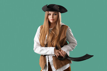 Beautiful female pirate with sword on green background