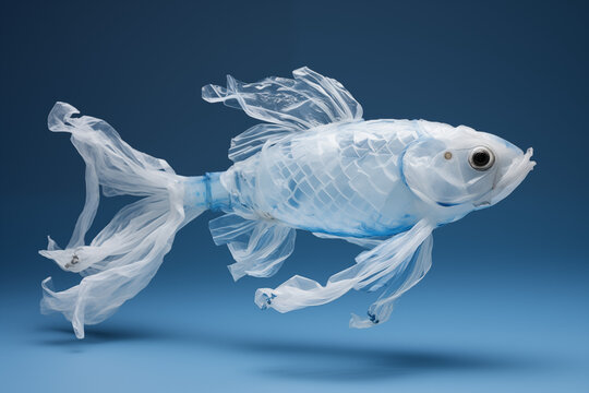 Concept de poisson fait de d&eacute;chets et de sacs plastiques - pollution des oc&eacute;ans et des mers - fond bleu