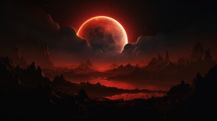 Total solar eclipse of a gigantic sun above the ominous rocks, fantastic red landscape. - obrazy, fototapety, plakaty