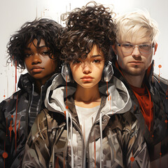 Portrait of three young beautiful modern stylish people; Hispanic girl in middle with black girl on he left and blond white boy with glasses on right side; Diversity and Equality; Anti-racism; 4K(1:1)
