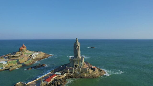 Thiruvalluvar Statue and Vivekananda Rock Memorial is a popular tourist monument in Kanyakumari, India. Aerial drone shot.