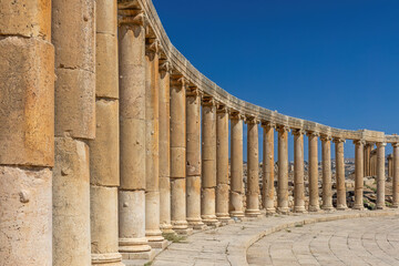 Oval Plaza (Square) at ruins of Jerash. Jordan. Horizontally. 