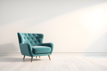 minimalist fashionable green blue armchair on a white wall background
