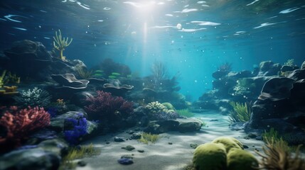 Beautiful underwater seascape, ocean floor, corals and sponges, view from the bottom. - obrazy, fototapety, plakaty