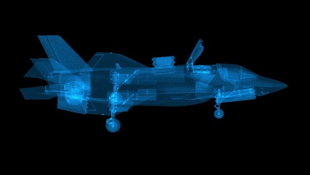 Multirole aircraft model F-35 Lightning 2. High resolution 4K detailed loop rotating 360 degrees view hologram. Slow motion 60 fps