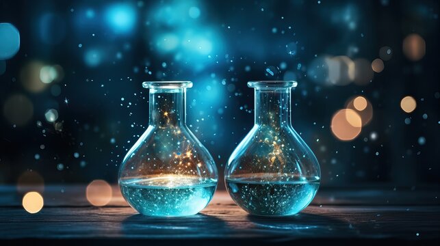 Two transparent chemical laboratory glassware with fantasy background