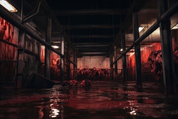 butchery slaughterhouse. Horror grungy and bloody warehouse room interior. Blood covered concrete floor. Blood dripping down walls. Dark concrete interior. Glossy dark blood pool. 