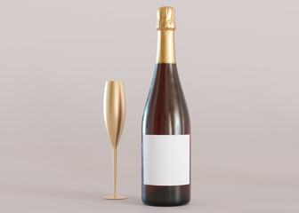 White, blank label on champagne bottle. Template for your design, advertising, logo. Label mock up. Close-up view. Copy space. Minimalist bottle sticker mockup. 3D rendering.