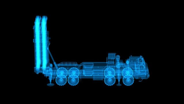 Air defence system model SA-25 S-350 Vityaz. High resolution 4K detailed loop rotating 360 degrees view hologram. Slow motion 60 fps