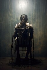 Fototapeta na wymiar Woman tied onto a wood chair with ropes. Silhouette. Dark room. Hostage in captivity. Woman abuse. Old dark spooky concrete room prison. imprisoned, imprisonment. Torture. Hostage. Serial Killer