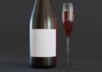White, blank label on champagne bottle. Template for your design, advertising, logo. Label mock up. Close-up view. Copy space. Minimalist bottle sticker mockup. 3D rendering.
