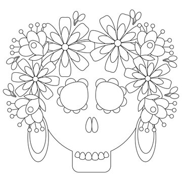 Mexican sugar skull with flowers coloring page