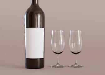 White, blank label on wine bottle. Template for your design, advertising, logo. Label mock up. Close-up view. Copy space. Minimalist bottle sticker mockup. 3D rendering.