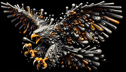 Stunning Abstract Representation of a Majestic Eagle Amidst a Cascade of Fluid Metallic Forms and Droplets