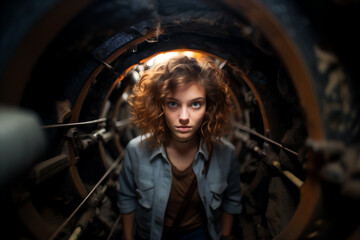 Mujer joven en un tunel sin salida, asustada