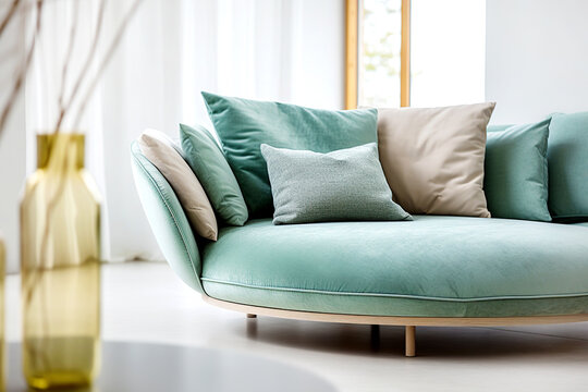 Close up of round loveseat turquoise sofa with beige pillows. Minimalist home interior design of modern living room.