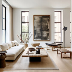 Japandi minimalist home interior design of modern living room.
