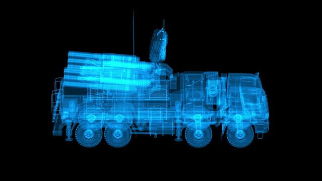 Short-range air defence system model SA-22 Greyhound SPAAGM. High resolution 4K detailed loop rotating 360 degrees view hologram. Slow motion 60 fps