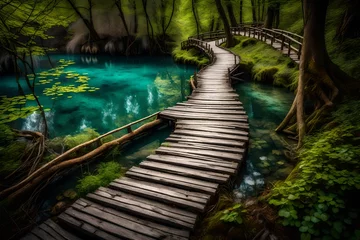 Foto op Plexiglas wooden bridge in the forest © Dilawer