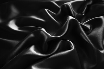 Black white silk satin fabric abstract background. Drapery fold crease wavy crumpled. Light shiny...