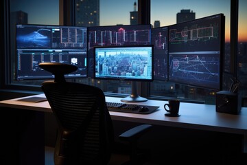 Naklejka premium Multi monitor cybersecurity analyst workstation monitoring system with multiple screens